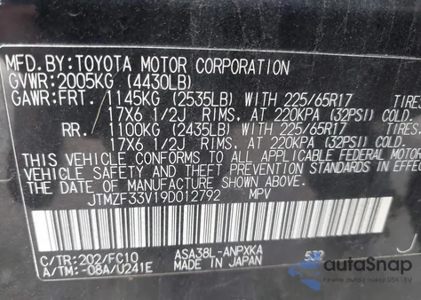 2009 Toyota Rav4 from USA, damaged, VIN JTMZF33V19D012792